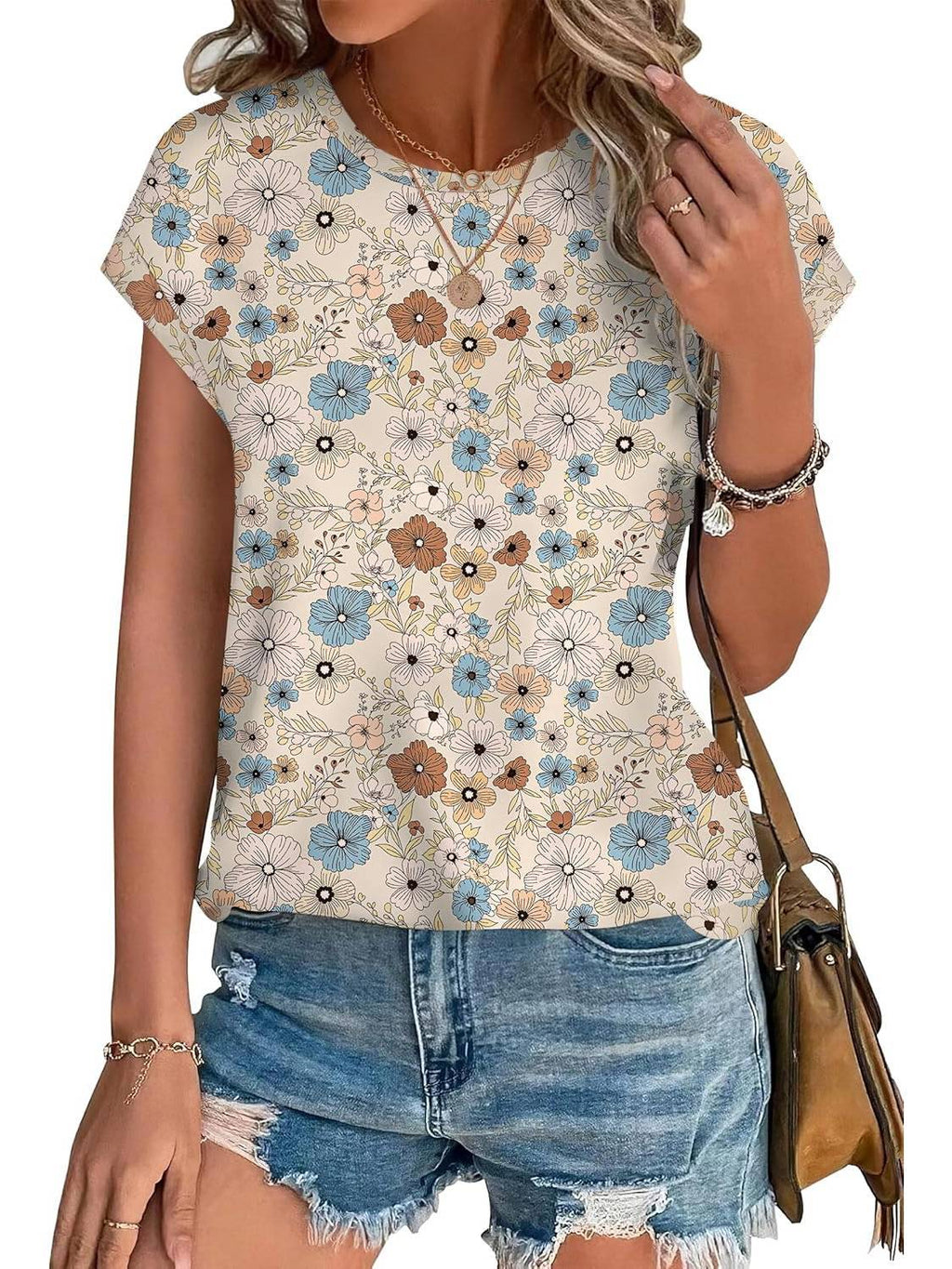 Meadow | Women's Leaf Print Crew Neck Cap Sleeve Casual Top
