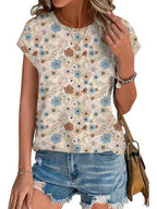 Meadow | Women's Leaf Print Crew Neck Cap Sleeve Casual Top