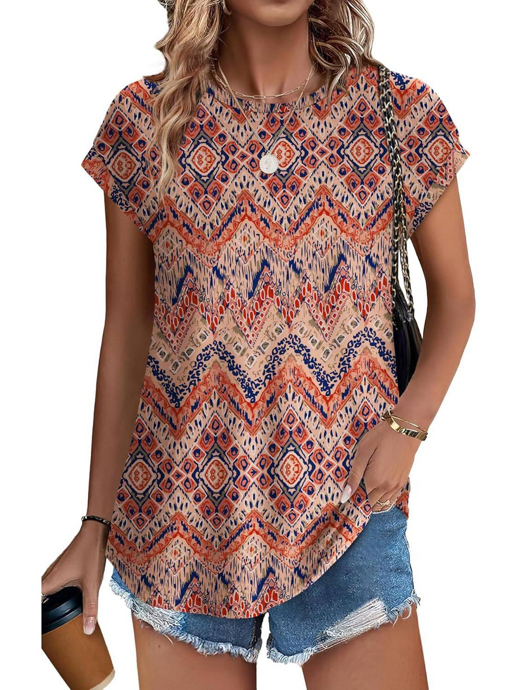 Meadow | Women's Leaf Print Crew Neck Cap Sleeve Casual Top