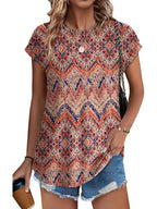 Meadow | Women's Leaf Print Crew Neck Cap Sleeve Casual Top