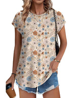 Meadow | Women's Leaf Print Crew Neck Cap Sleeve Casual Top