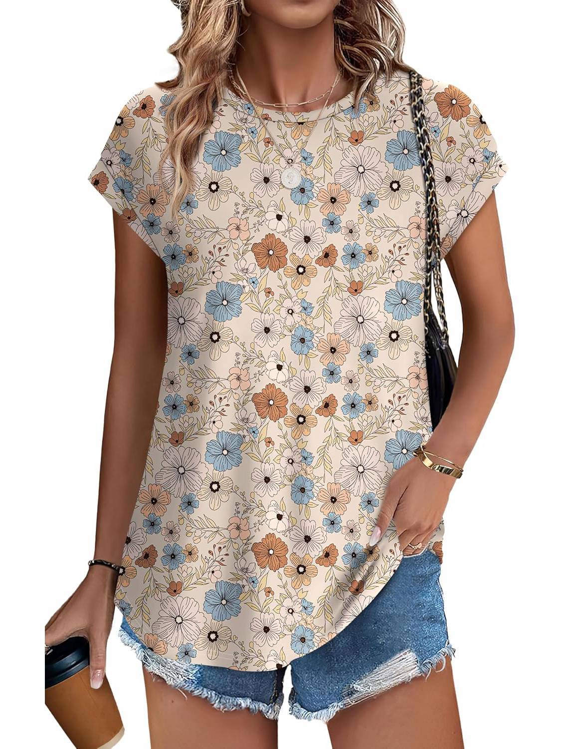 Meadow | Women's Leaf Print Crew Neck Cap Sleeve Casual Top