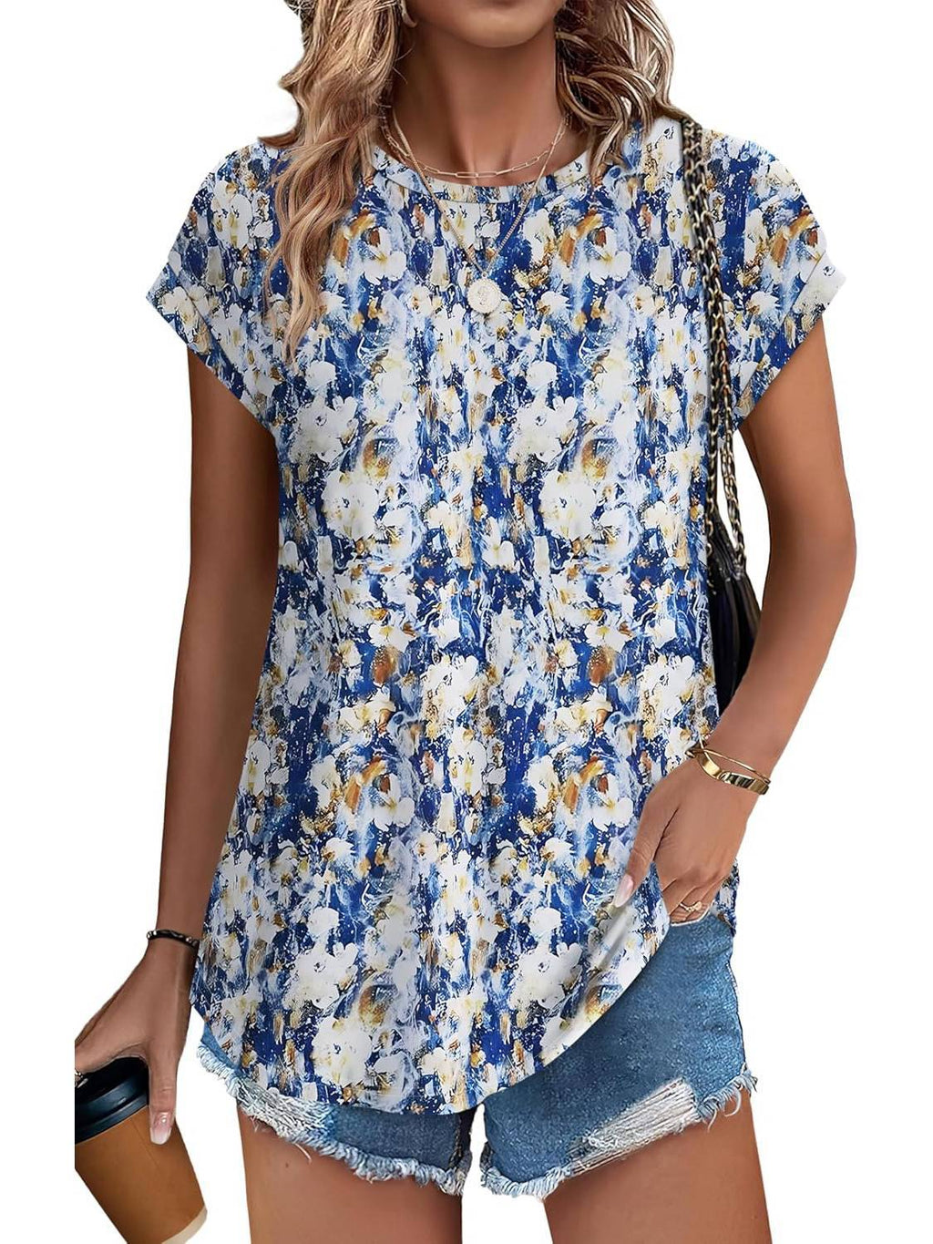 Meadow | Women's Leaf Print Crew Neck Cap Sleeve Casual Top