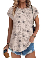 Meadow | Women's Leaf Print Crew Neck Cap Sleeve Casual Top