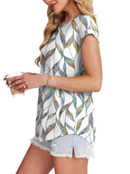 Meadow | Women's Leaf Print Crew Neck Cap Sleeve Casual Top
