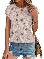 Meadow | Women's Leaf Print Crew Neck Cap Sleeve Casual Top