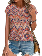 Meadow | Women's Leaf Print Crew Neck Cap Sleeve Casual Top