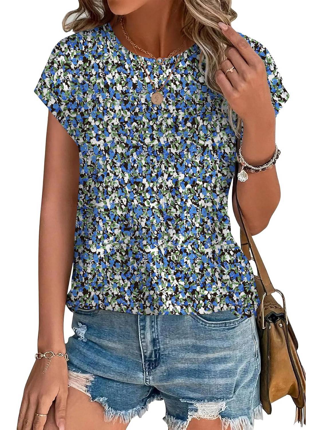 Meadow | Women's Leaf Print Crew Neck Cap Sleeve Casual Top