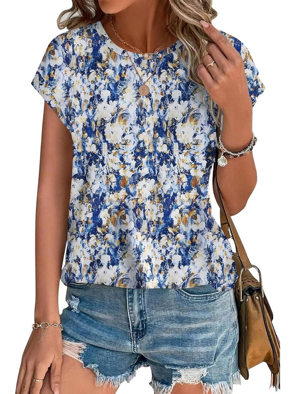 Meadow | Women's Leaf Print Crew Neck Cap Sleeve Casual Top