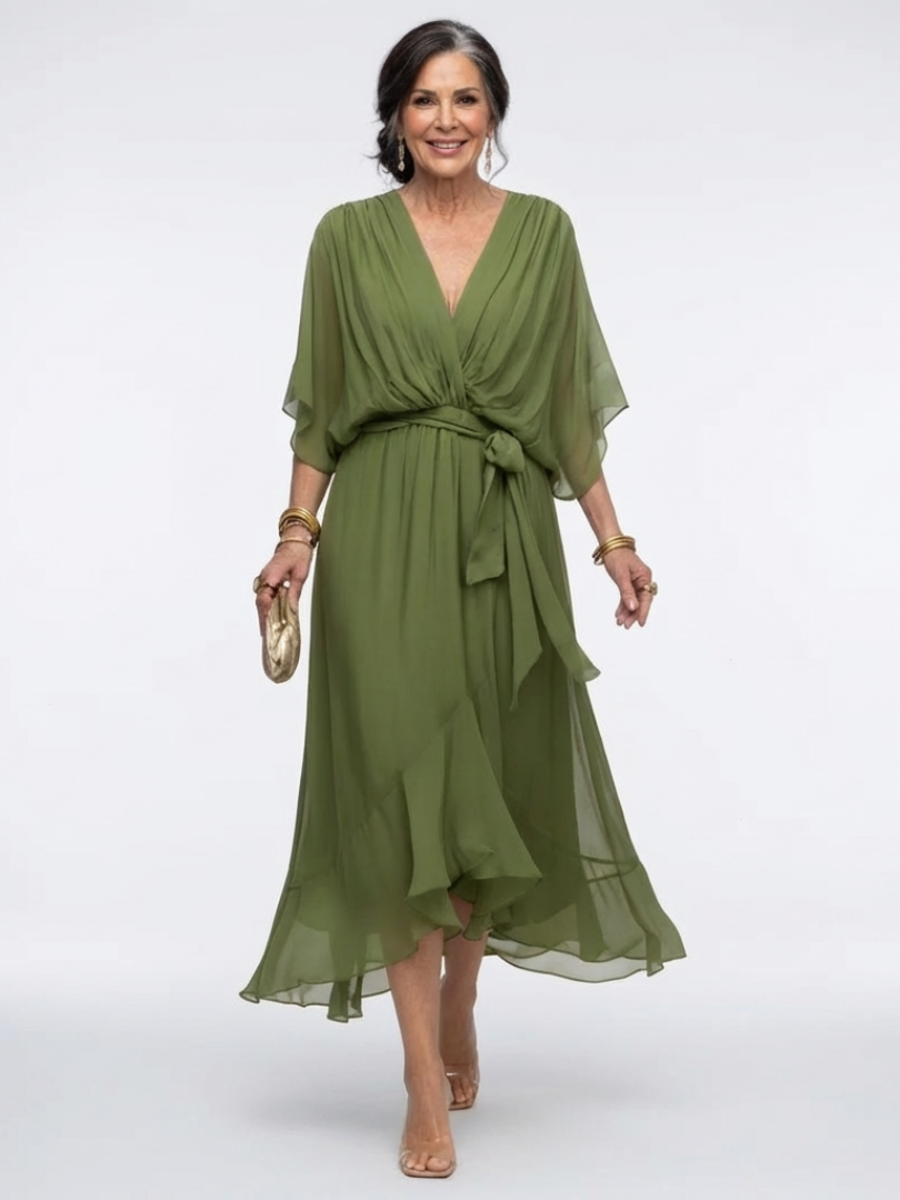 Elysia | Draped Waist-Tie Midi Dress