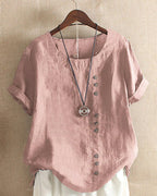 Linen | Women's Button Front Crew Neck Short Sleeve Casual Top