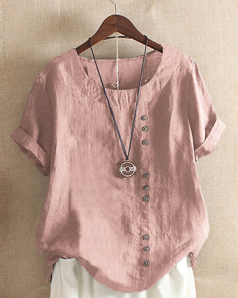 Linen | Women's Button Front Crew Neck Short Sleeve Casual Top