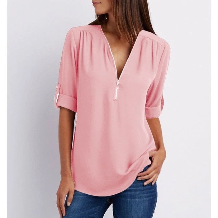 Rosé | Women's Zip-Up V-Neck Half Sleeve Casual Blouse Top
