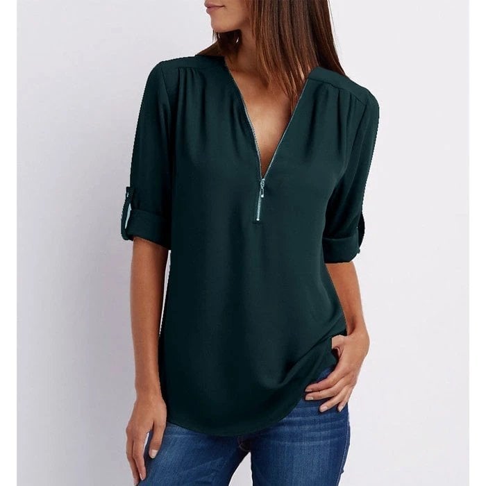 Rosé | Women's Zip-Up V-Neck Half Sleeve Casual Blouse Top