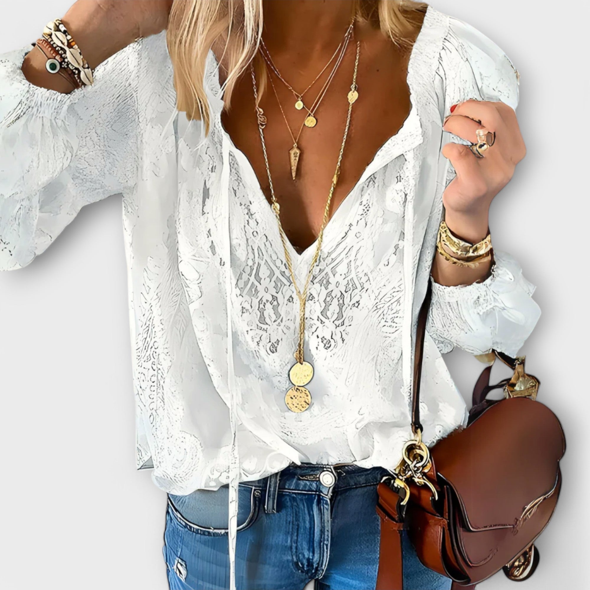 Celeste | Women's Lace V-Neck Blouse Long Sleeve Boho Top