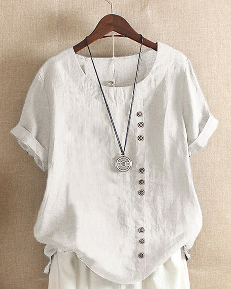 Linen | Women's Button Front Crew Neck Short Sleeve Casual Top