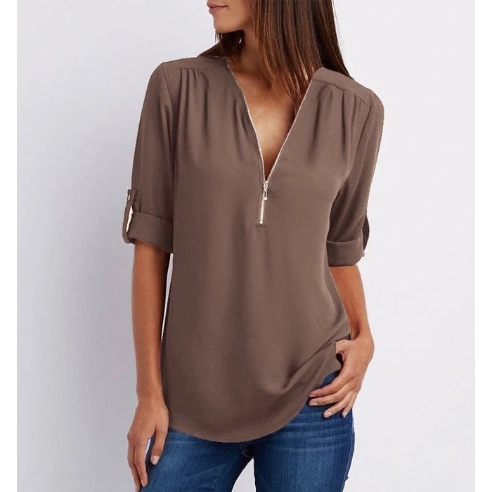 Rosé | Women's Zip-Up V-Neck Half Sleeve Casual Blouse Top