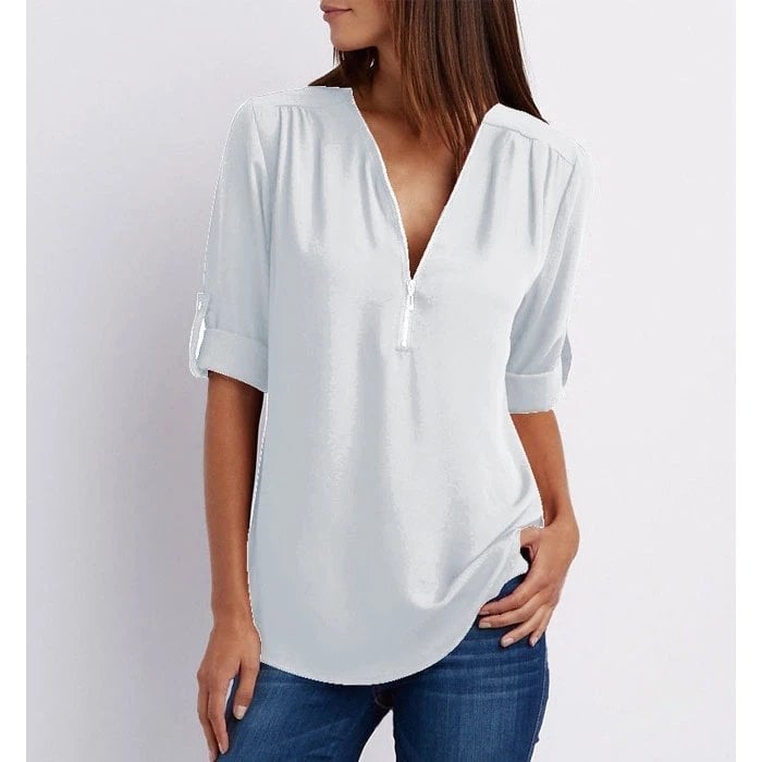 Rosé | Women's Zip-Up V-Neck Half Sleeve Casual Blouse Top