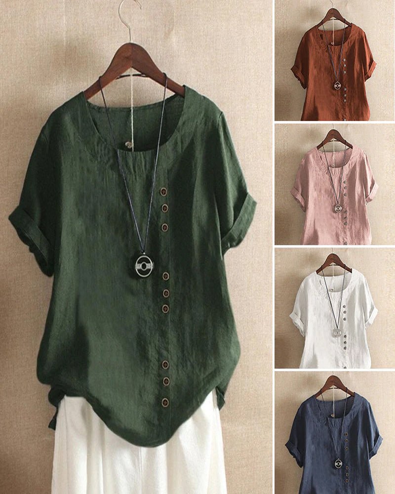 Linen | Women's Button Front Crew Neck Short Sleeve Casual Top