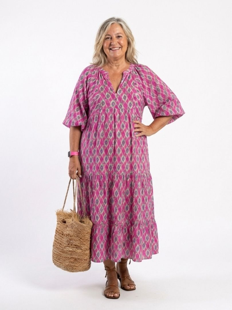 Apolline | Three Quarter Sleeve Patterned Midi Dress