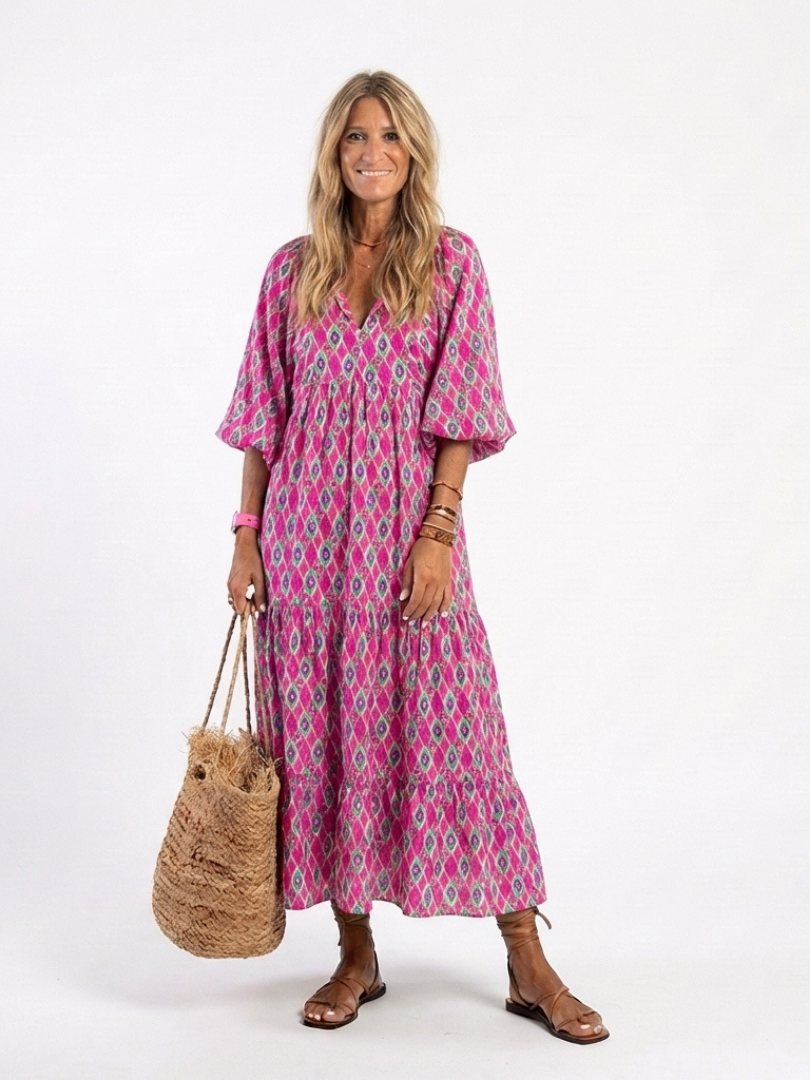 Apolline | Three Quarter Sleeve Patterned Midi Dress