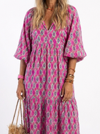Apolline | Three Quarter Sleeve Patterned Midi Dress
