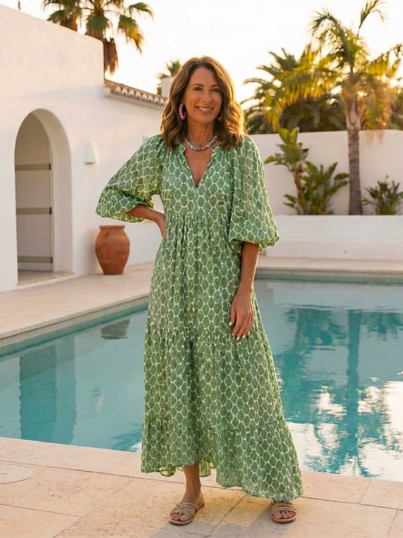 Apolline | Three Quarter Sleeve Patterned Midi Dress