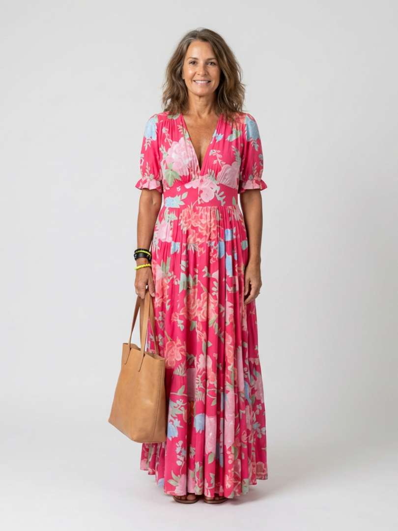 Ione | Short Sleeve V-Neck Floral Maxi Dress