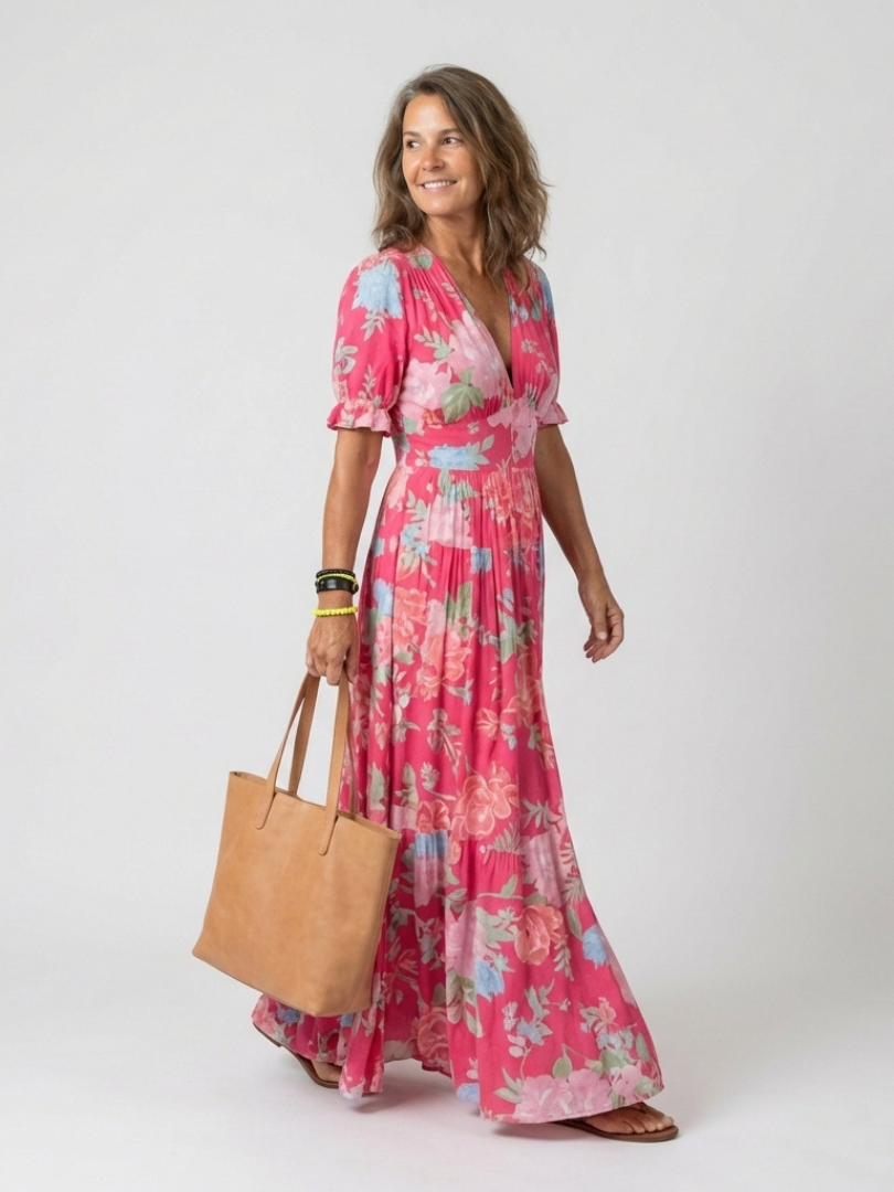 Ione | Short Sleeve V-Neck Floral Maxi Dress