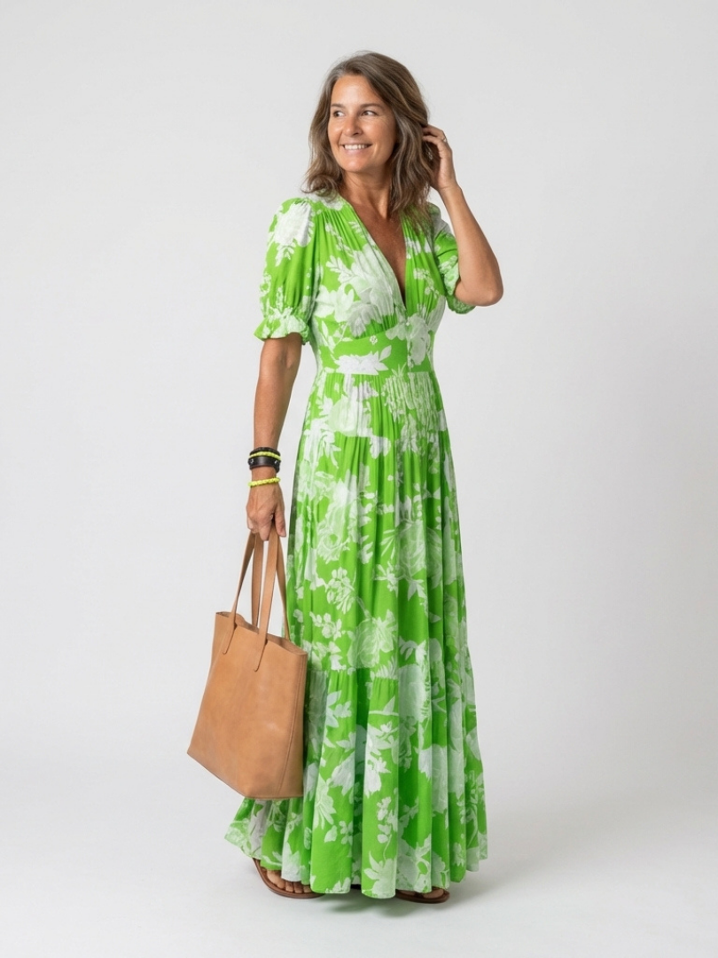 Ione | Short Sleeve V-Neck Floral Maxi Dress