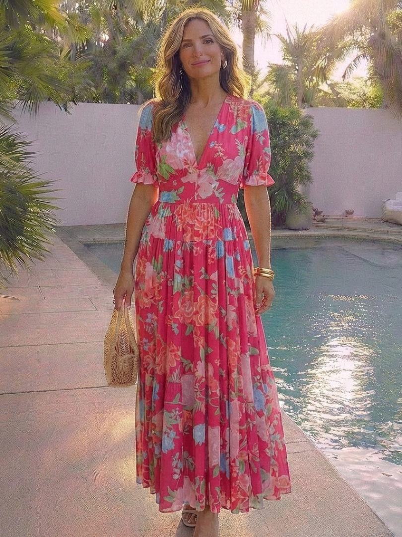 Ione | Short Sleeve V-Neck Floral Maxi Dress