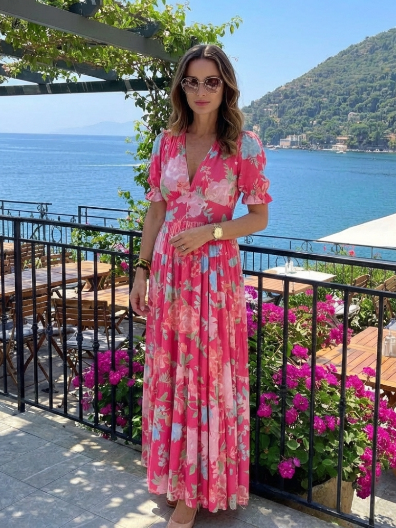 Ione | Short Sleeve V-Neck Floral Maxi Dress