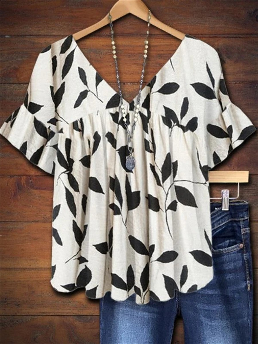 Willow | Women's Leaf Print V-Neck Ruffle Short Sleeve Blouse