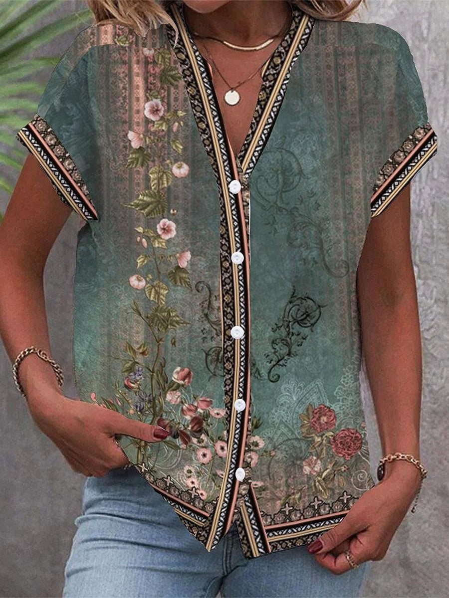 Vera | Women's Vintage Floral Print V-Neck Button-Down Blouse
