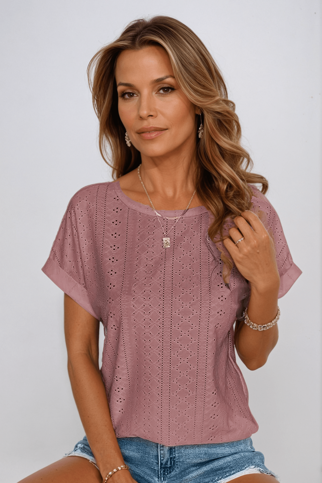 Pearl | Women's Eyelet Embroidered Crew Neck Short Sleeve Top