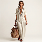 Amarina | Embroidered V-Neck Collar Linen Maxi Dress