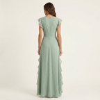 Nellyana | Wrap-Style V-Neck Flutter-Sleeve Cascading Ruffle Maxi Dress